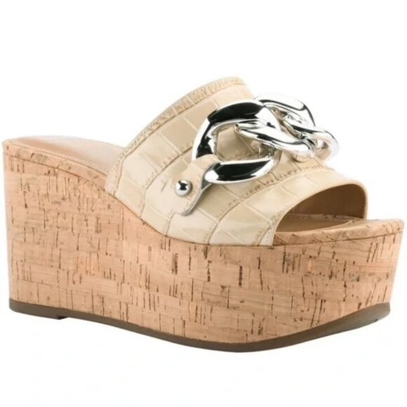 Marc Fisher Shoes - NEW Marc Fisher Vaneda Platform Slide‎ Sandals Leather Tan Size 9.5 Chunky Y2K